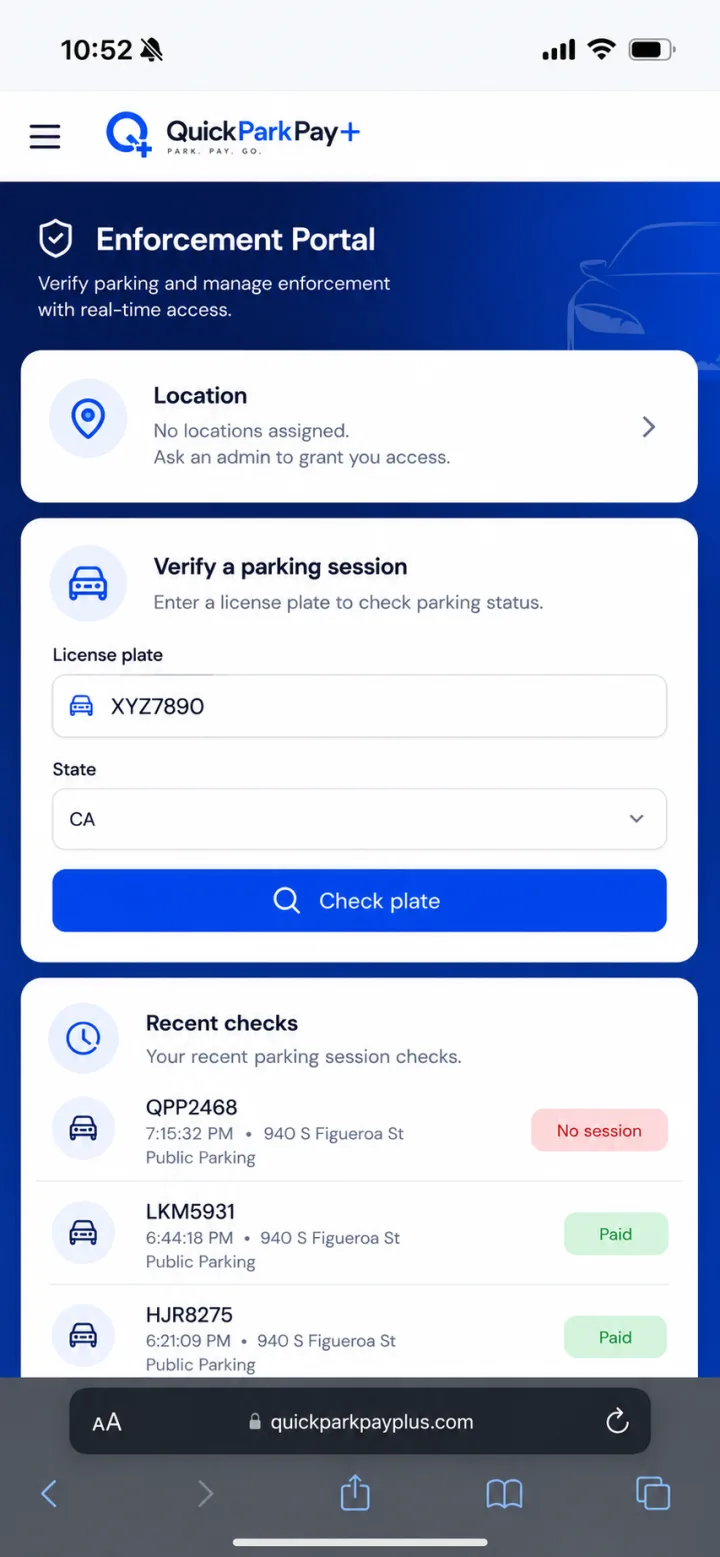 QuickParkPay+ mobile enforcement portal for verifying parking sessions
